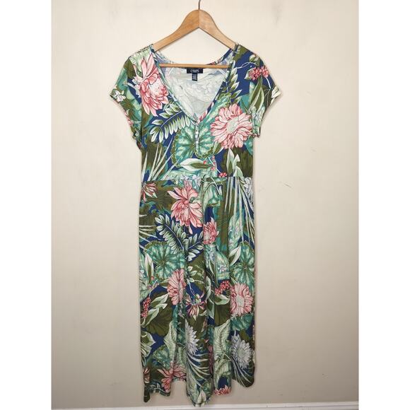 Chaps Floral Cotton Maxi Dress Henley V Neck Tropical - Picture 1 of 9